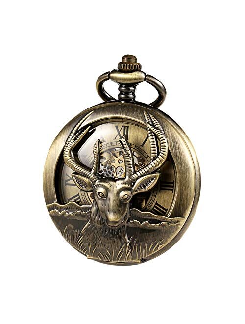 TREEWETO Men's Retro Double Open Skeleton Mechanical Roman Numerals Reindeer Elk Deer Pocket Watch with Bronze Chain for Men Women