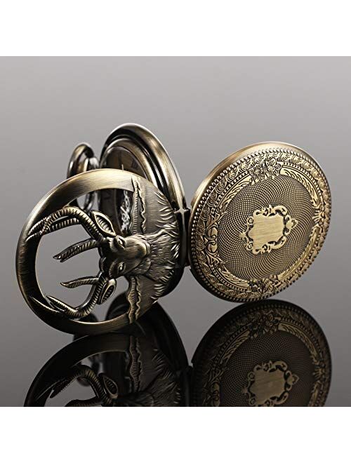 TREEWETO Men's Retro Double Open Skeleton Mechanical Roman Numerals Reindeer Elk Deer Pocket Watch with Bronze Chain for Men Women