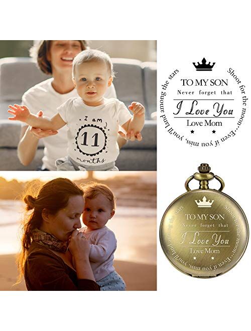 TREEWETO Pocket Watch to My Son | Mother and Son - Graduation Gifts for Him 2020 - Engraved “to My Son Love Mom” Pocket Watches - for Son from Mom for Christmas, Valentin