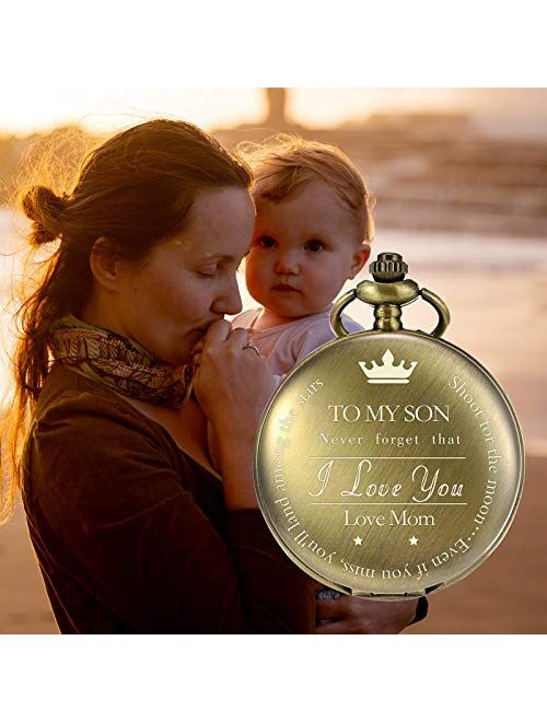 TREEWETO Pocket Watch to My Son | Mother and Son - Graduation Gifts for Him 2020 - Engraved “to My Son Love Mom” Pocket Watches - for Son from Mom for Christmas, Valentin