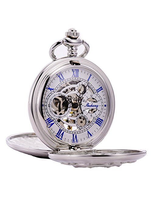 TREEWETO Silver Double Cover Roman Numerals Dial Skeleton Mens Women Pocket Watch