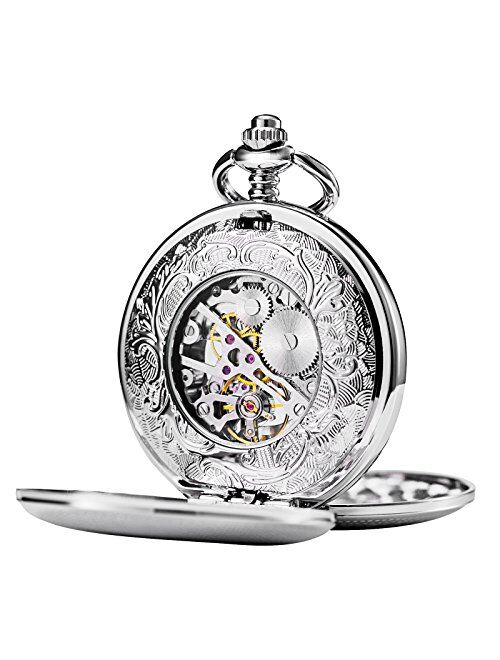 TREEWETO Silver Double Cover Roman Numerals Dial Skeleton Mens Women Pocket Watch