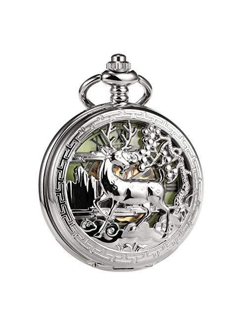 TREEWETO Mens Pocket Watch Vintage Mechanical Reindeer Silver Double Cover Luminous Dial Watches for Men Husband Father's Day Birthday