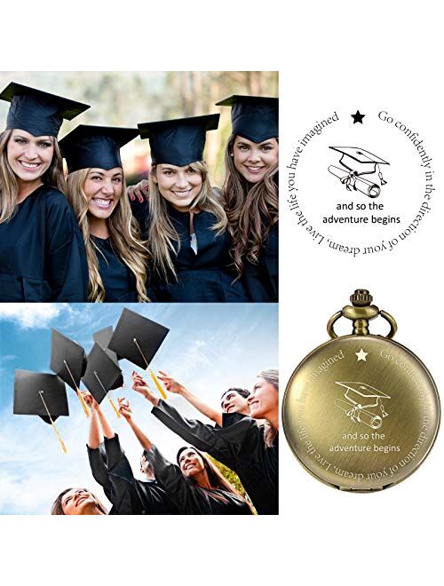 TREEWETO Pocket Watch Engraved So The Adventure Begins for Graduation Perfect College High School Graduation or for Son Daughter Him Her Classmates