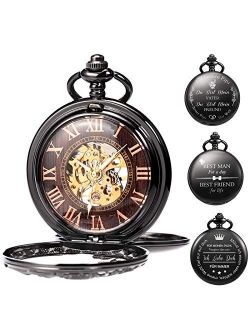 Mechanical Personalized Engraved Lucky Dragon Pocket Watch Skeleton Double Cover Roman Numerals Dial Personalized for Men Dad Son