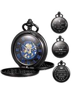 Mechanical Engraved Pocket Watches Skeleton Double Cover Roman Numerals Dial Personalized with Box and Chain for Mens Women for Dad Mom Son Graduation Brother