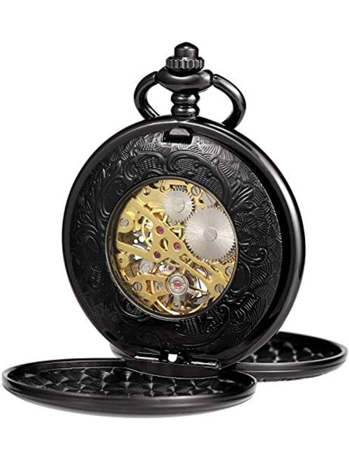 TREEWETO Mechanical Engraved Pocket Watches Skeleton Double Cover Roman Numerals Dial Personalized with Box and Chain for Mens Women for Dad Mom Son Graduation Brother