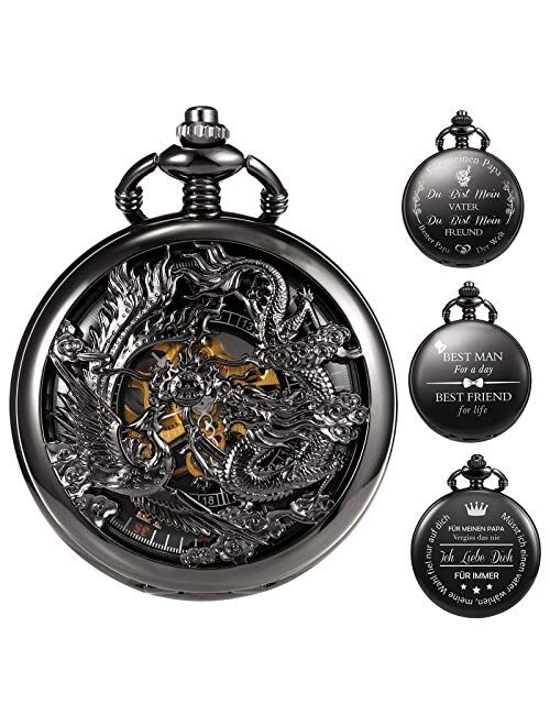 TREEWETO Personalized Engraving Mens Antique Mechanical Pocket Watch Black Lucky Dragon & Phoenix Retro Skeleton Dial Double Cover with Chain