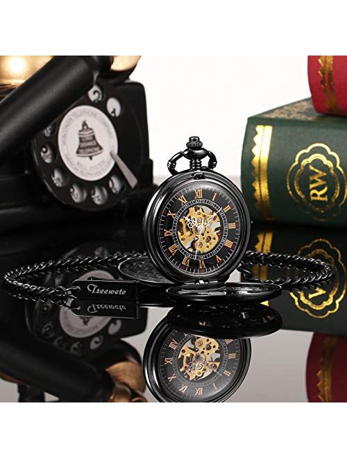 TREEWETO Personalized Engraving Mens Antique Mechanical Pocket Watch Black Lucky Dragon & Phoenix Retro Skeleton Dial Double Cover with Chain
