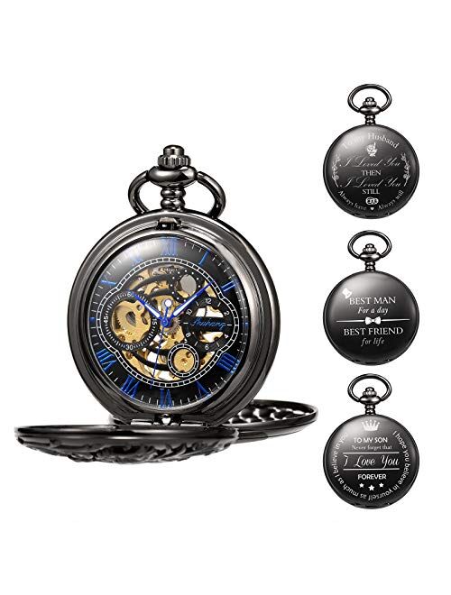 TREEWETO Mechanical Personalized Engraved Lucky Dragon Pocket Watch Skeleton Double Cover Roman Numerals Dial Personalized Gift for Men Dad Son