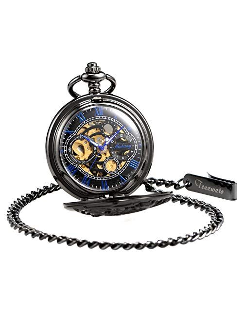 TREEWETO Mechanical Personalized Engraved Lucky Dragon Pocket Watch Skeleton Double Cover Roman Numerals Dial Personalized Gift for Men Dad Son