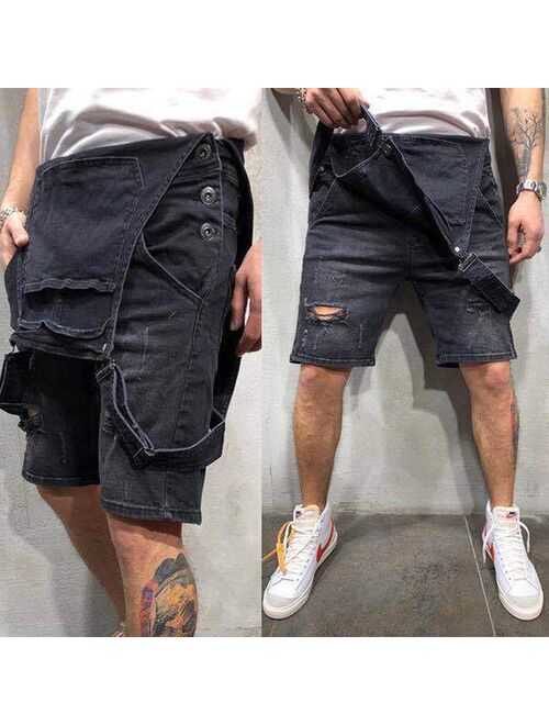 Men Fashion Ripped Jeans Jumpsuit Shorts Summer Casual High Waist Distressed Denim Overalls for Man Slim Suspender Black Pants