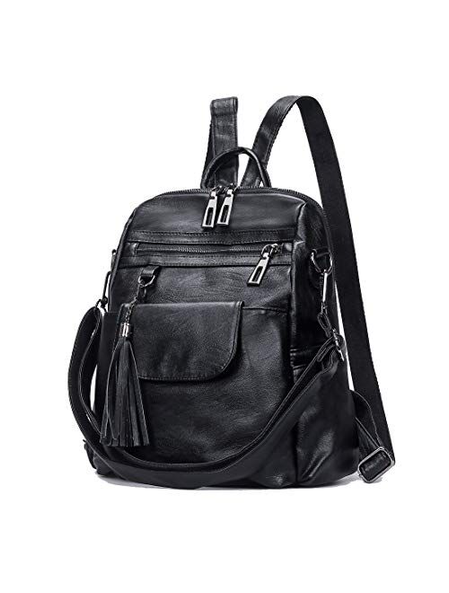 Artwell Women Leather Backpack Purse PU Leather Rucksack Convertible Handbag College Bookbag Shoulder Tote Bag with Tassel (Brown), 14.9"x 5.9"x 11.8"
