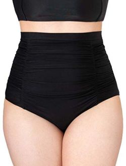 Women Ruched High Waisted Bikini Bottom Swimsuit, Tummy Control Full Coverage Swimwear, Small to Plus Size