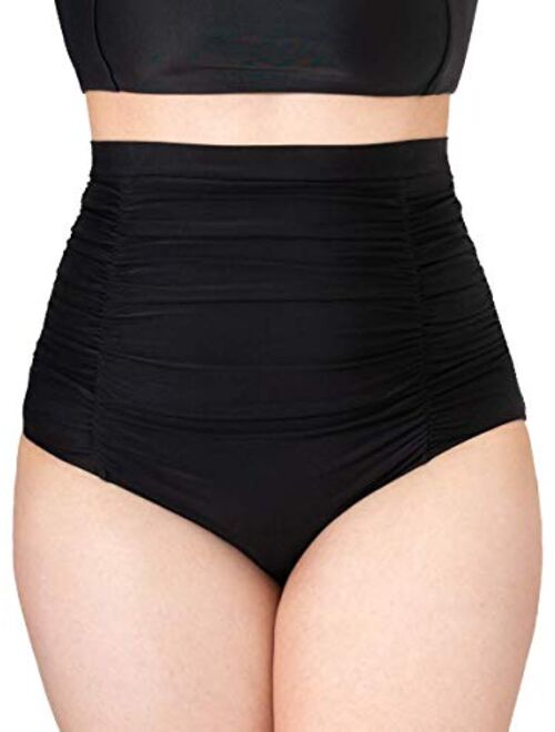 SHAPERMINT Women Ruched High Waisted Bikini Bottom Swimsuit, Tummy Control Full Coverage Swimwear, Small to Plus Size