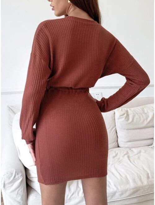 Shein Waffle Knit Drop Shoulder Knot Front Bodycon Dress