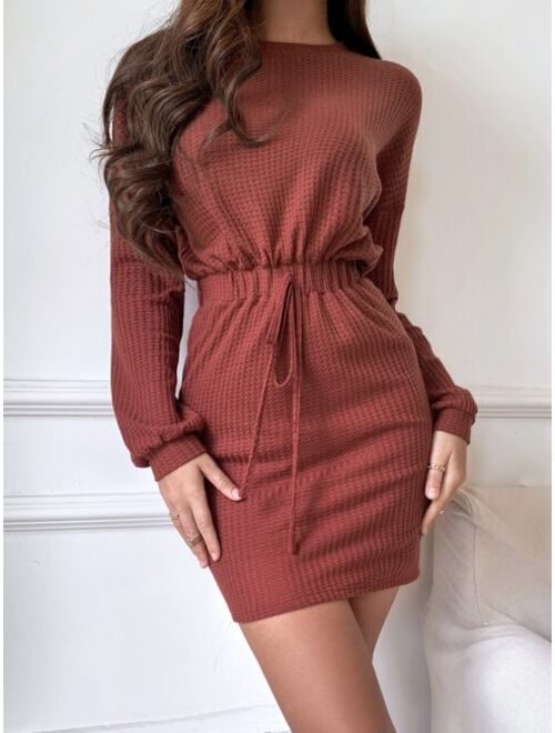 Shein Waffle Knit Drop Shoulder Knot Front Bodycon Dress