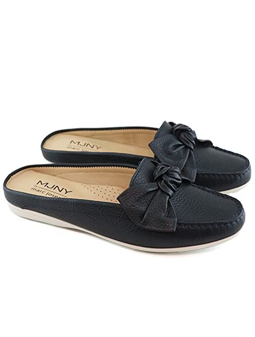 MARC JOSEPH NEW YORK Womens Casual Genuine Leather Flat Mules Sandals Closed Toe Backless Comfortable Lightweight Fashion Loafer with Bow Detail Slip-on Slides