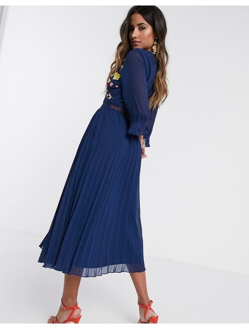 Asos Design lace insert pleated midi dress with embroidery in navy