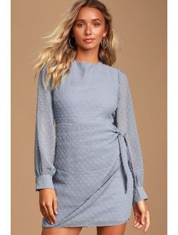 Much Love Light Blue Swiss Dot Long Sleeve Tie-Front Mini Dress