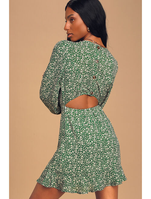 Lulus Blooming Darlin' Green Floral Print Ruffled Mini Dress