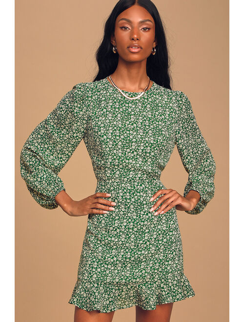 Lulus Blooming Darlin' Green Floral Print Ruffled Mini Dress