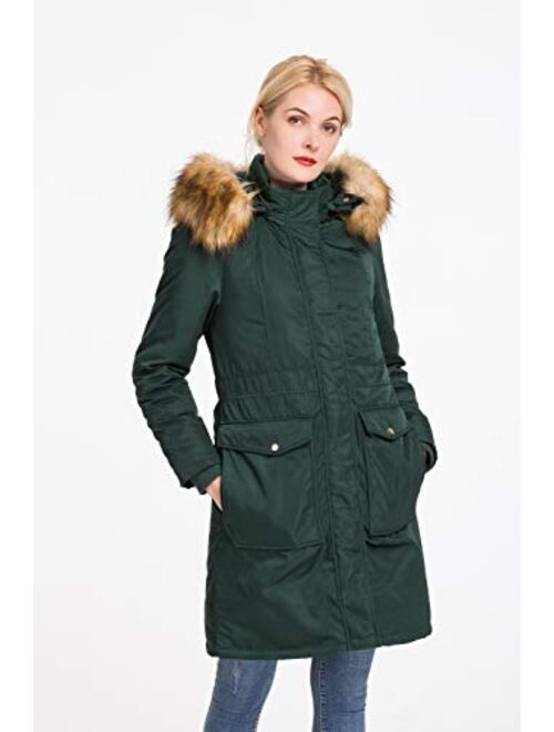 Polydeer Women's Vegan Down Hooded Long Jacket,Waterproof Thickened Winter Coat w/ Faux Fur, Full Zip Warm Puffer Parka