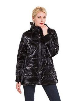 Women's Warm Winter Jacket,Waterproof Puffer Rain Coat,Velvet Shiny Lightweight Hooded Outerwear