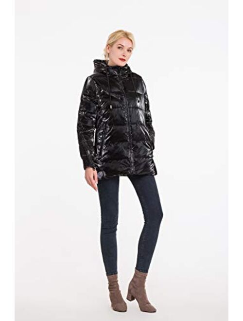 Polydeer Women's Warm Winter Jacket,Waterproof Puffer Rain Coat,Velvet Shiny Lightweight Hooded Outerwear
