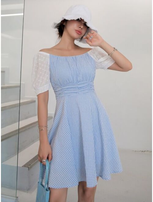 DAZY Gingham Print Dobby Mesh Panel Dress