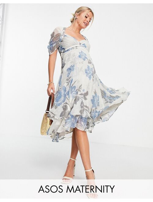 Asos Design Maternity floral printed midi dress with pleated cup detail and drape sleeve