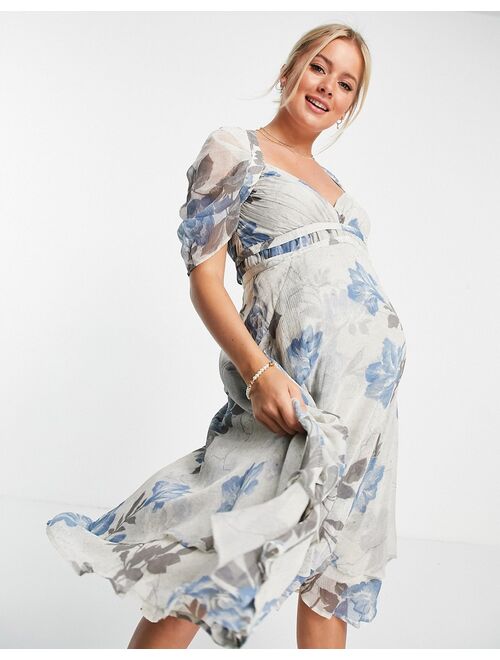 Asos Design Maternity floral printed midi dress with pleated cup detail and drape sleeve