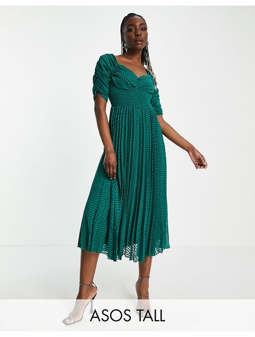 Asos Design Tall ruched front pleated midi dress with shirred waist in chevron textured in forest green