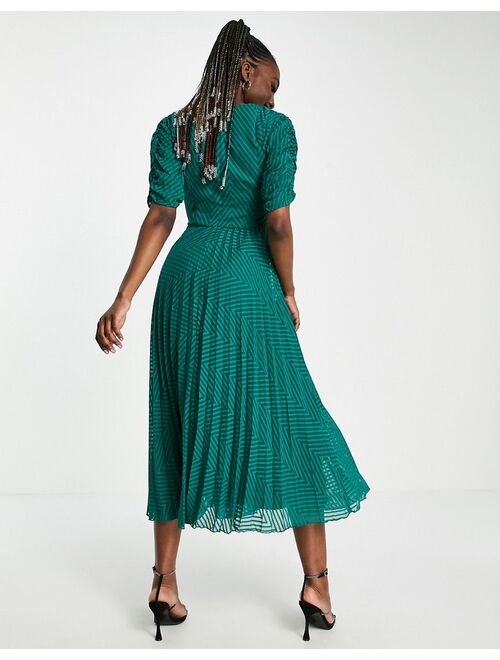 Asos Design Tall ruched front pleated midi dress with shirred waist in chevron textured in forest green