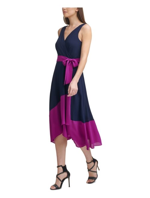DKNY Colorblocked Faux-Wrap Dress