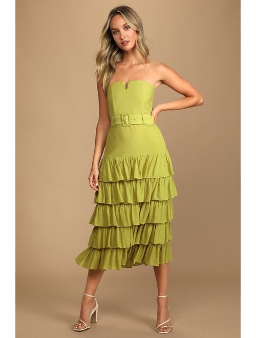 Lulus Catch a Cruise Lime Green Strapless Belted Tiered Midi Dress