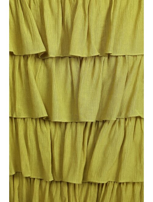 Lulus Catch a Cruise Lime Green Strapless Belted Tiered Midi Dress