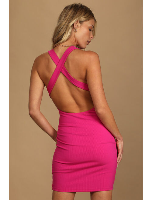 Lulus Favorite Idea Hot Pink Ribbed Backless Bodycon Mini Dress