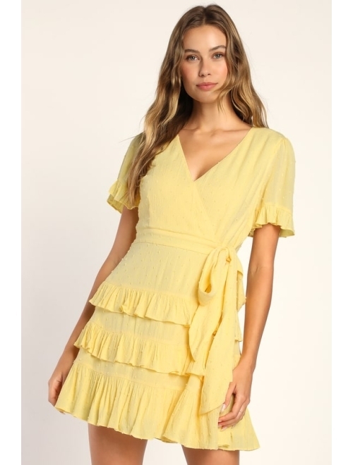Lulus Call Me Cute Yellow Swiss Dot Tiered Faux Wrap Mini Dress