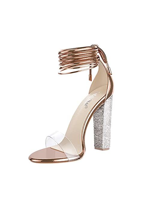 LALA IKAI Women’s Gold High Heels Sandals with Rhinestone Ankle Strappy Clear Chunky Heels Dress Party Pumps Shoes