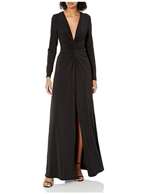 HALSTON Women's Long Sleeve V Neck Ruched Front Gown