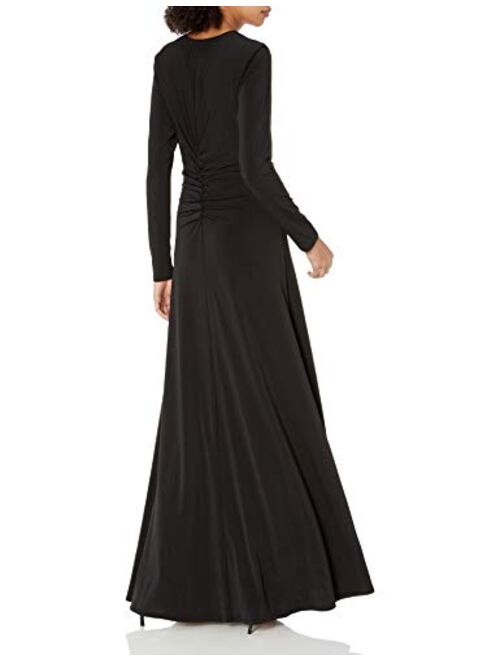 HALSTON Women's Long Sleeve V Neck Ruched Front Gown