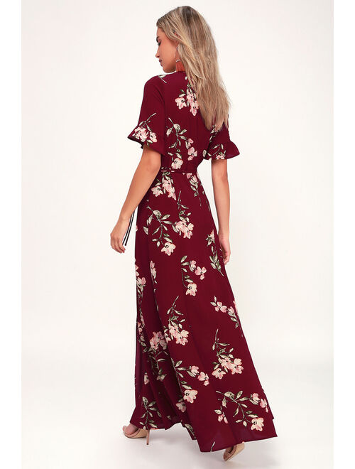Lulus September Sunsets Burgundy Floral Print Wrap Maxi Dress