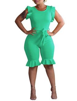 Womens Summer Short Jumpsuits Rompers - Ruffle Sleeveless One Piece Playsuit with Belt