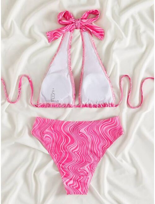 Shein Wave Print Halter Bikini Swimsuit