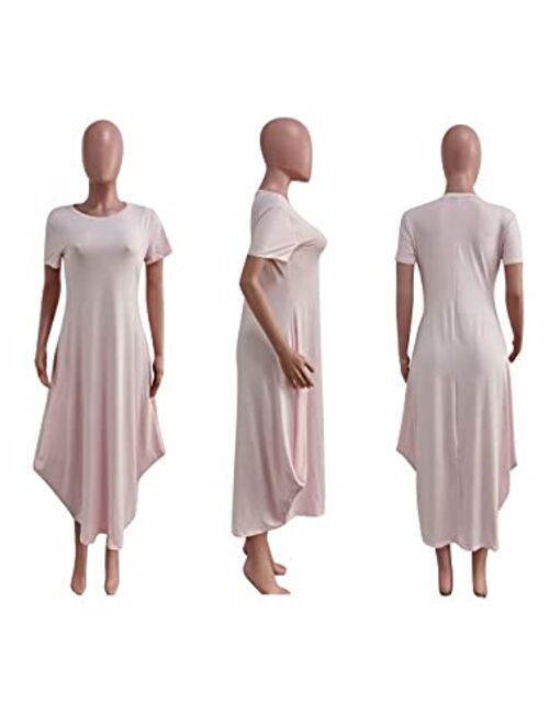 Mintsnow Women's Summer Maxi Dress Oversize Loose Crewneck Short Sleeve Ruched Flowy Long T Shirt Dresses Casual Wear