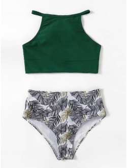 Leaf Pattern High Waisted Bikini Swimsuit