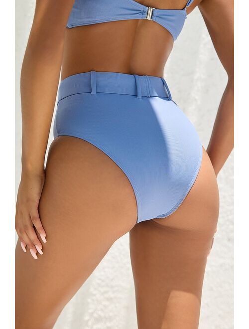 Lulus Stay Current Denim Blue Ribbed High Waisted Belted Bikini Bottom