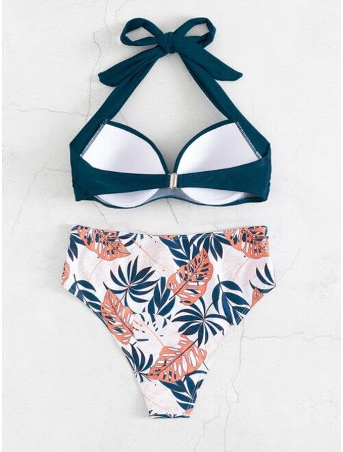 Shein Leaf Print Twist Front Halter Bikini Swimsuit