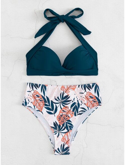 Shein Leaf Print Twist Front Halter Bikini Swimsuit